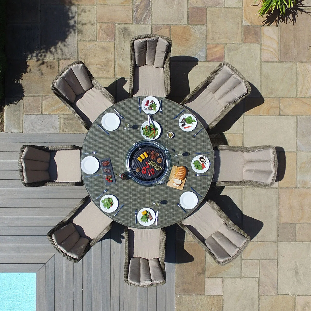 Winchester Venice 8 Seat Round Rattan Fire Pit Dining Set with Lazy Susan