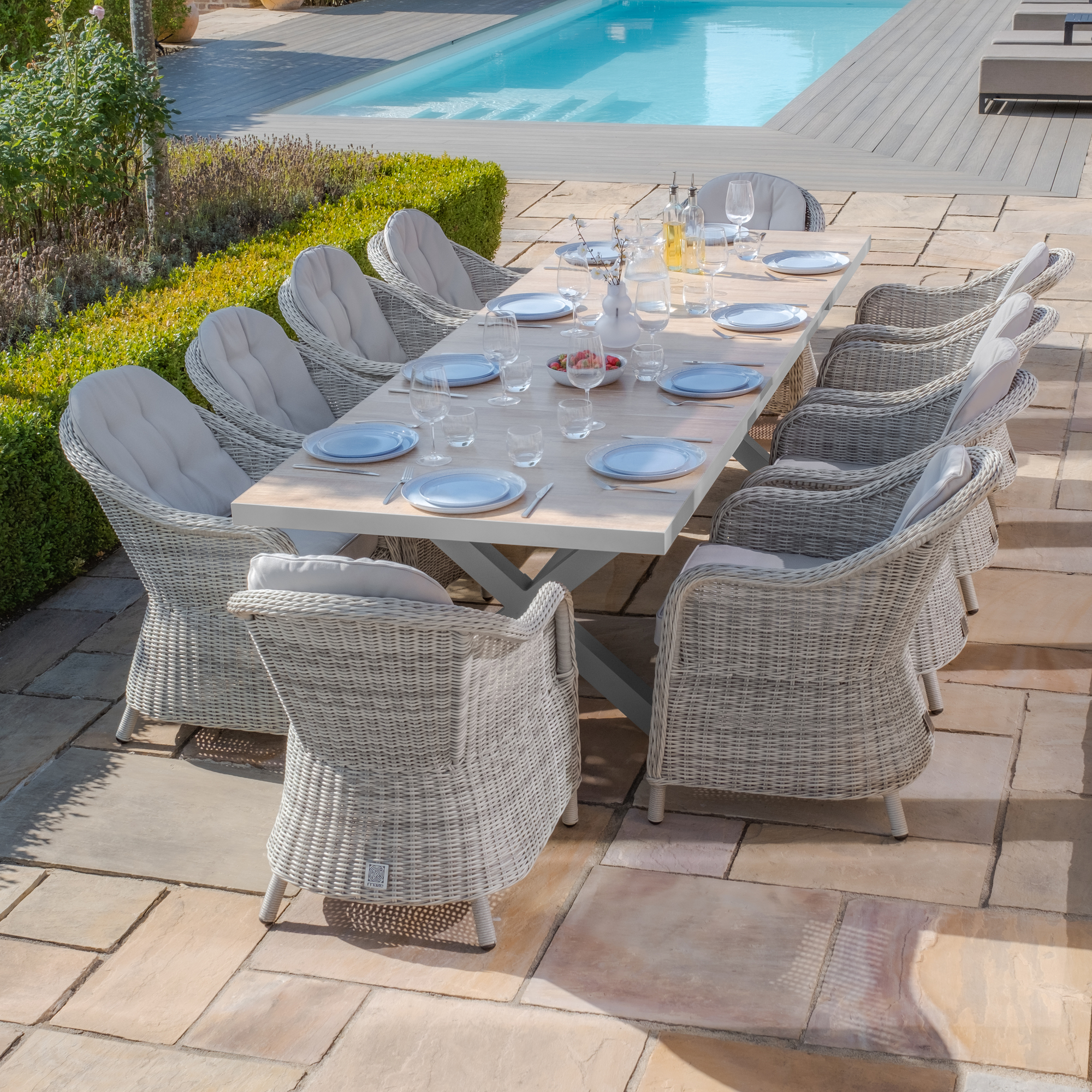 Vienna 10 Seat Extending Rectangular Dining Table with Dawn Grey Frame and 10 Oxford Heritage Rattan Dining Chairs