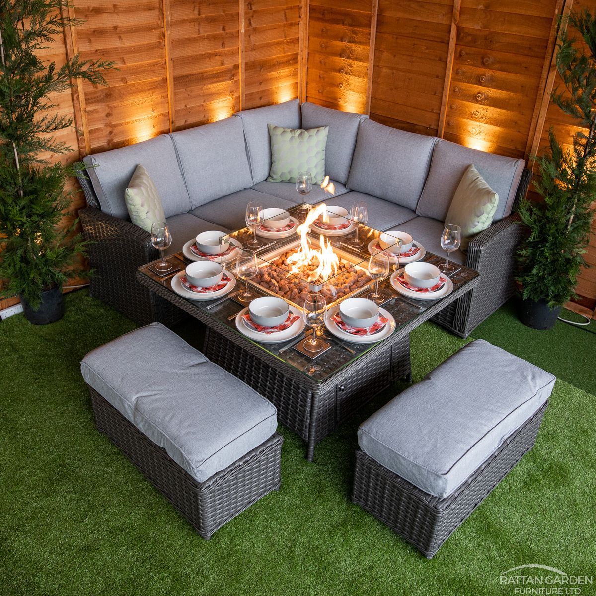 Platinum Boston Corner Rattan Dining Set with Fire Pit