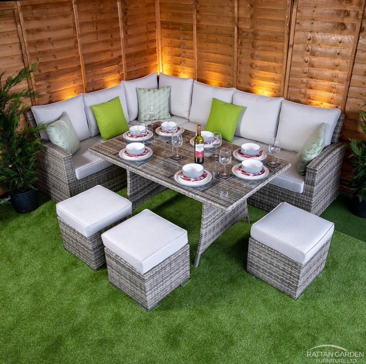 Champagne Florence Deluxe Corner rattan Dining Set with 3 Footstools (Right)