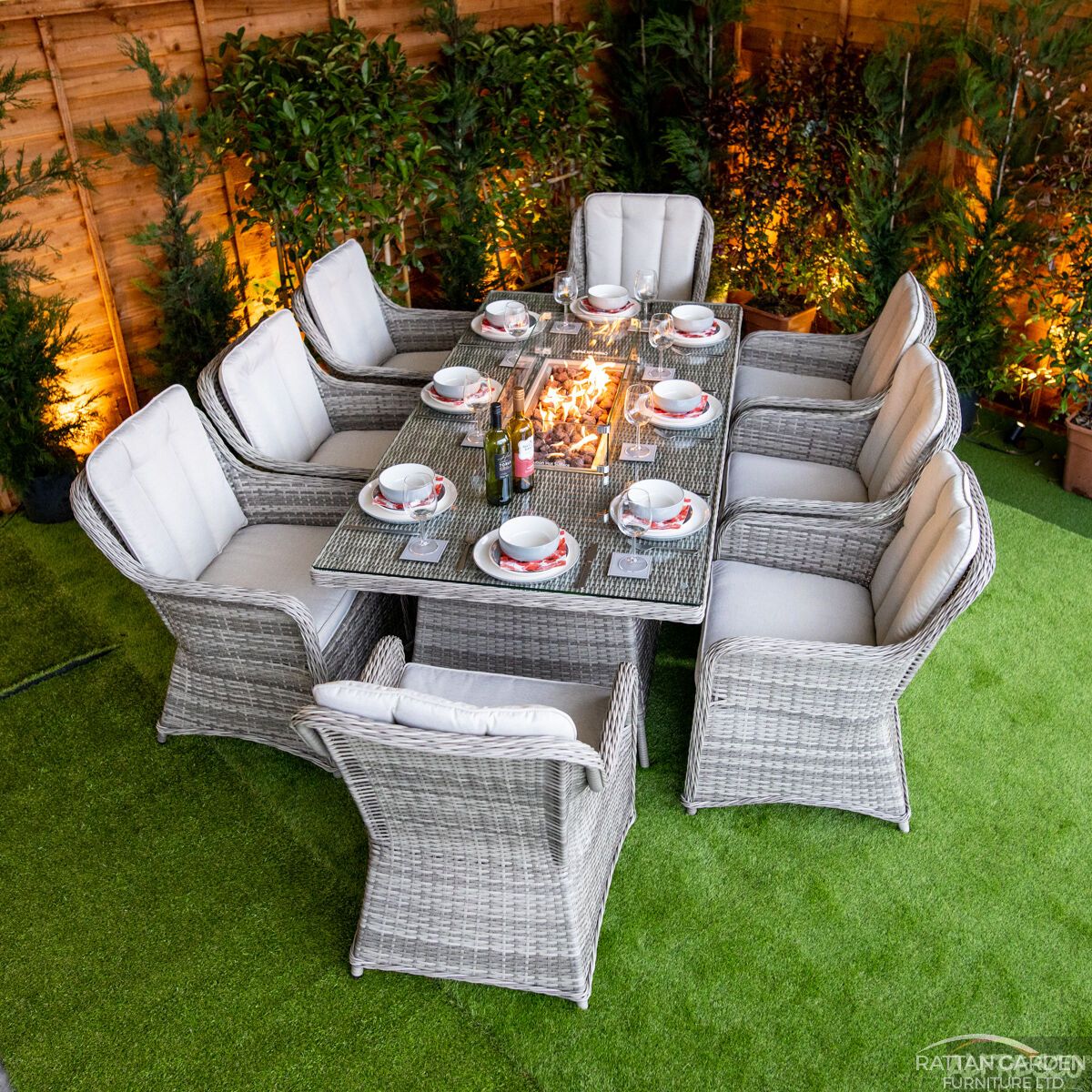 Champagne Vienna 8 Seat rattan Fire Pit With 210cm Rectangular Table