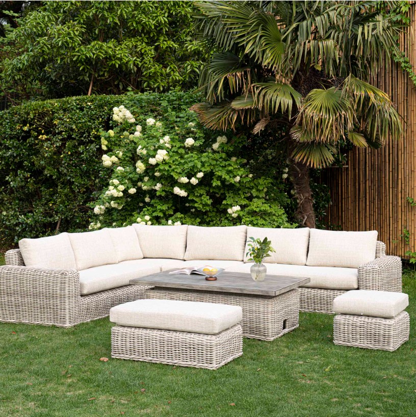 Bellagio Round Wicker Large Corner Casual Dining Set with Rising Table, Light Grey